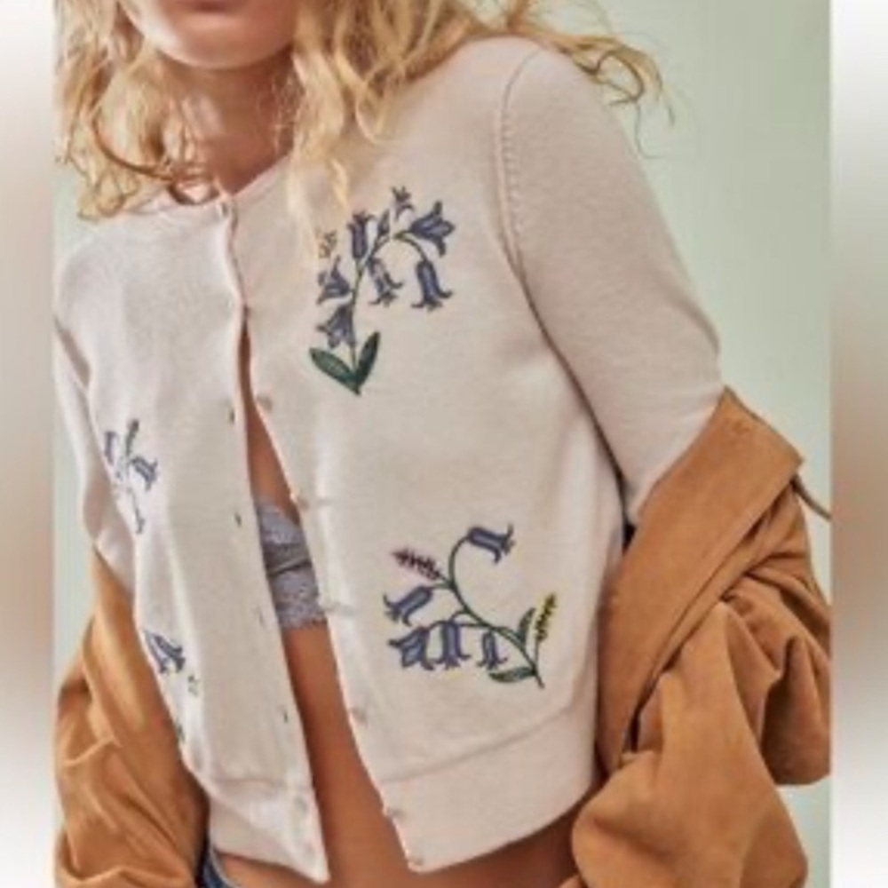 New! Free People Pink Floral Bee Embroidered silk lined Cardigan 2446